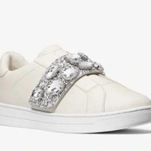Michael Kors Kenna Leather and Jewel Embellished Glitter Sneaker- Cream